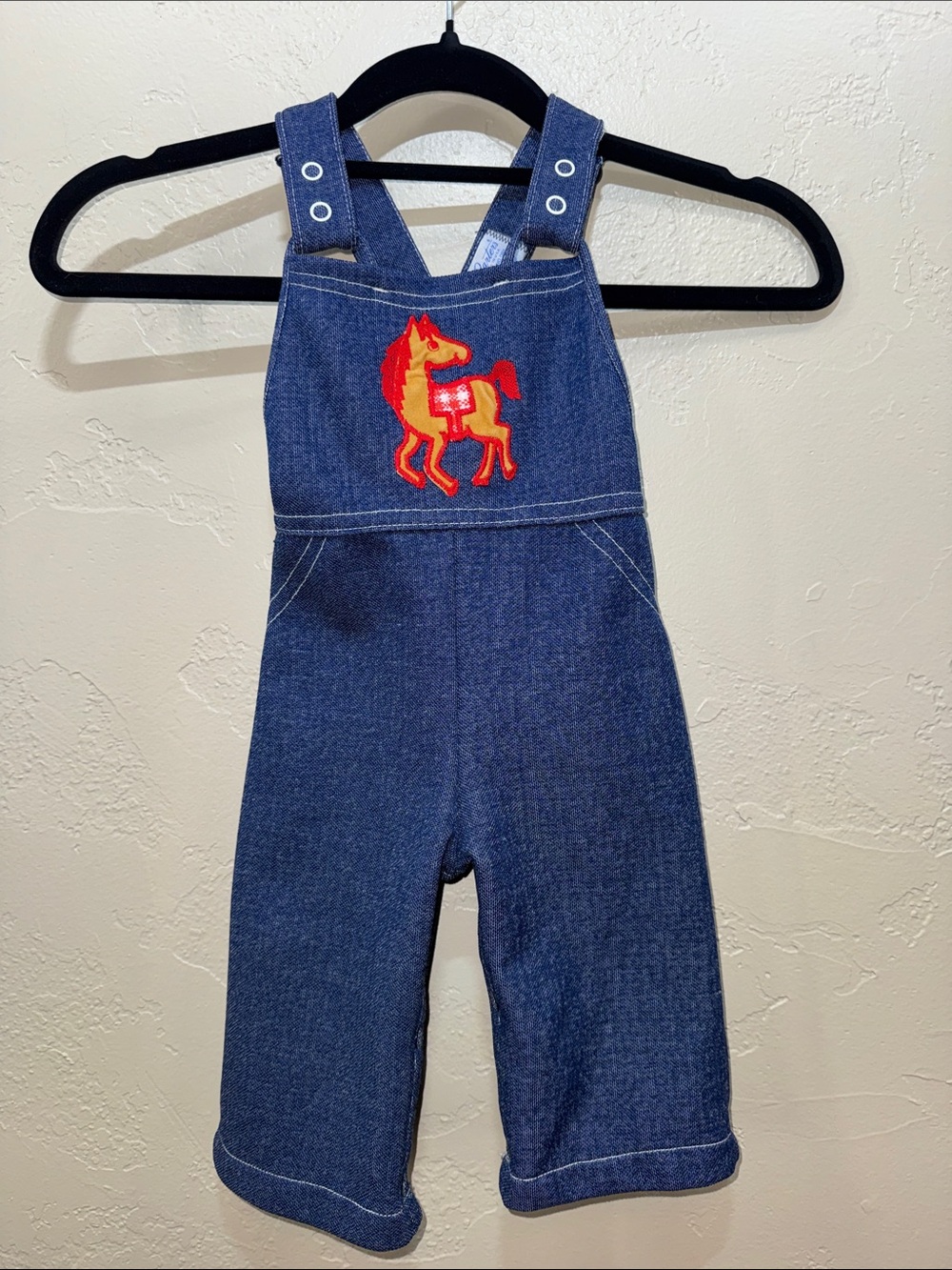 Carter's Vintage Navy Denim Overalls Red & Orange Horse Patch Single Stitch USA